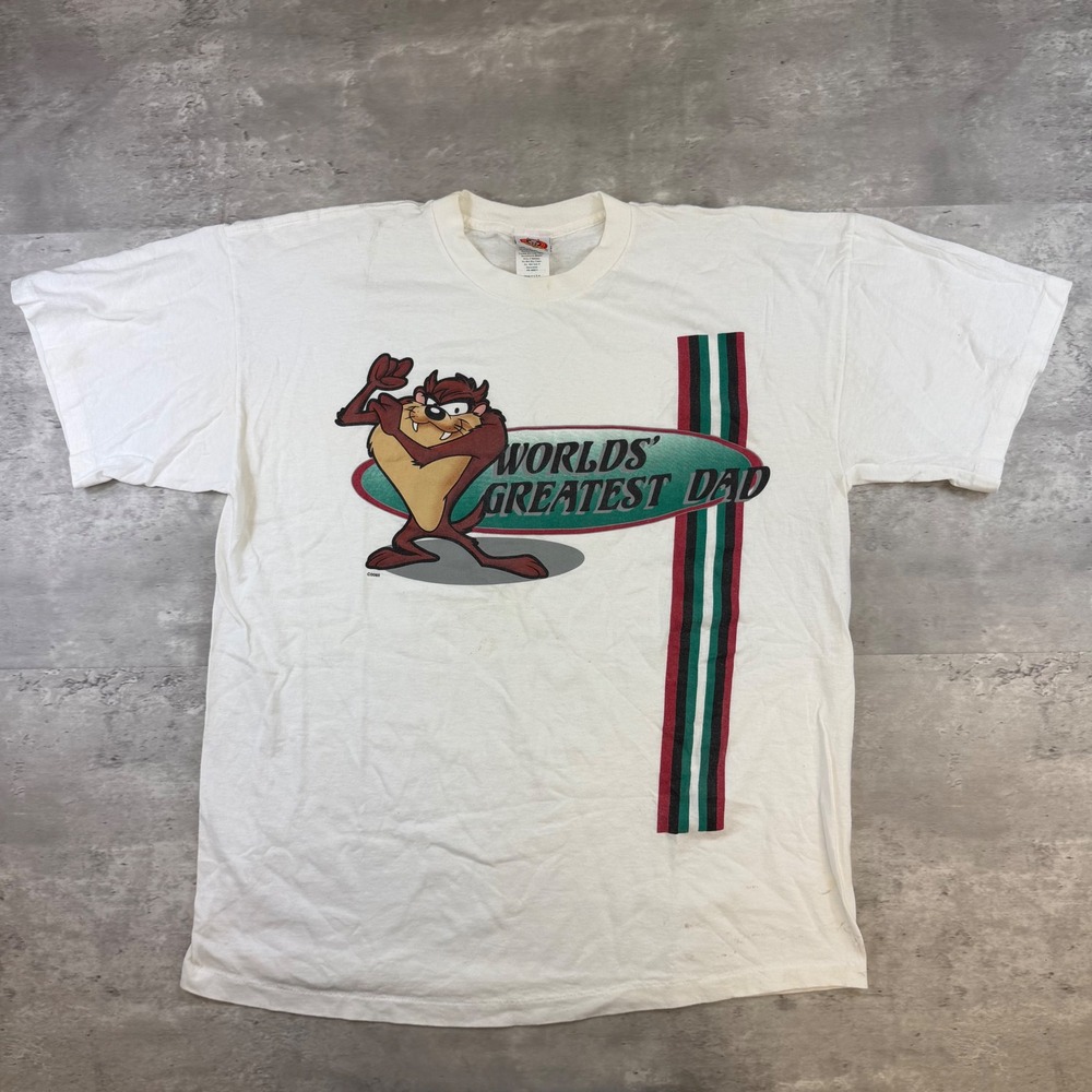 Vintage Looney Tunes Taz Worlds Greatest Dad T-Shirt XL White USA Made Graphic